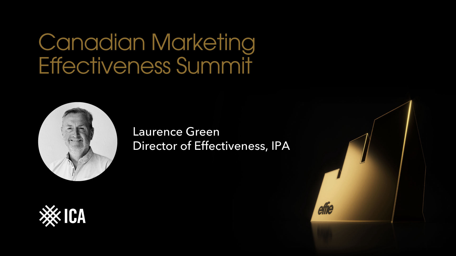 A branded ICA banner with the text "Canadian Marketing Effectiveness Summit" and a photo of Laurence Green, Director of Effectiveness, IPA 