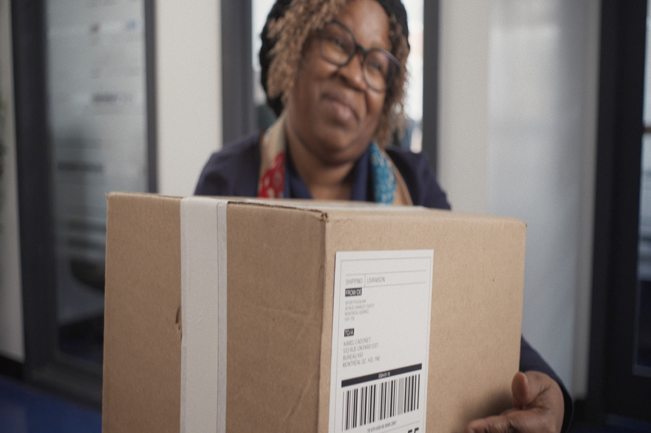 An employee at Dans la rue receiving a package 